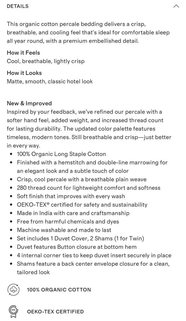 Quince Organic Crisp Percale Embellished King / Cal. King Duvet Cover Sham Set
